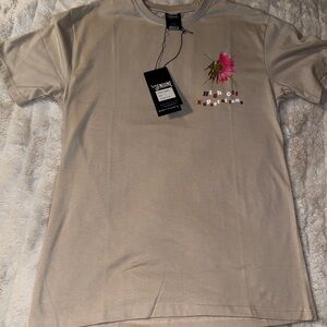 Tan Men's Shirt with Pink Flower Design